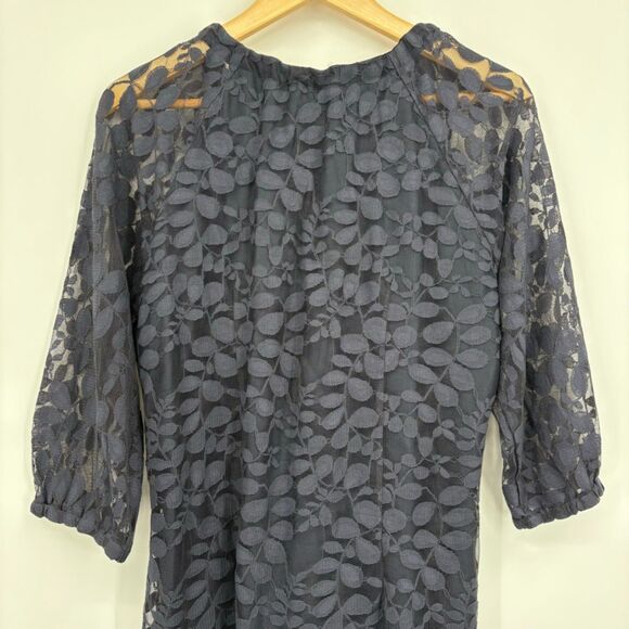 Garnet Hill Boheme Easy Lace Dress in Navy, Size 12, 3/4 Bishop Sleeve, Tie Neck - Picture 5 of 8